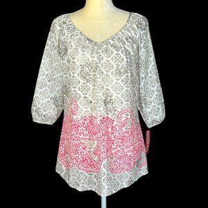 MERONA Women's Blouse 3/4 Sleeve Size Medium 100% Cotton‎ Tunic Gray Pink Casual